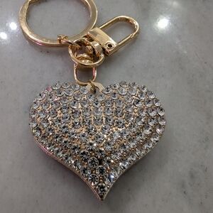Gold Heart Crystal Keychain Bag Charm - Women's Accessory